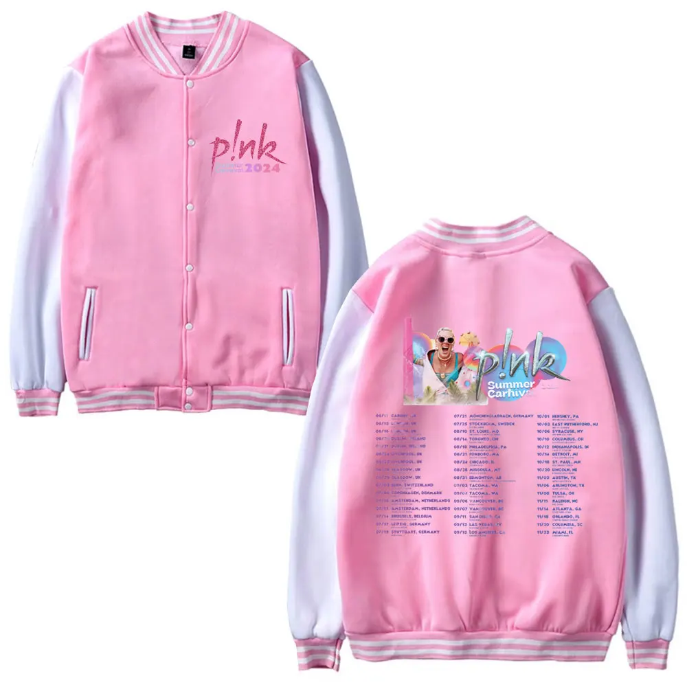 Singer P!nk-Chaqueta de béisbol de gran tamaño para hombre, sudadera de uniforme de béisbol de viaje mundial, Festival de carnaval de verano, color rosa, a la moda, 2024