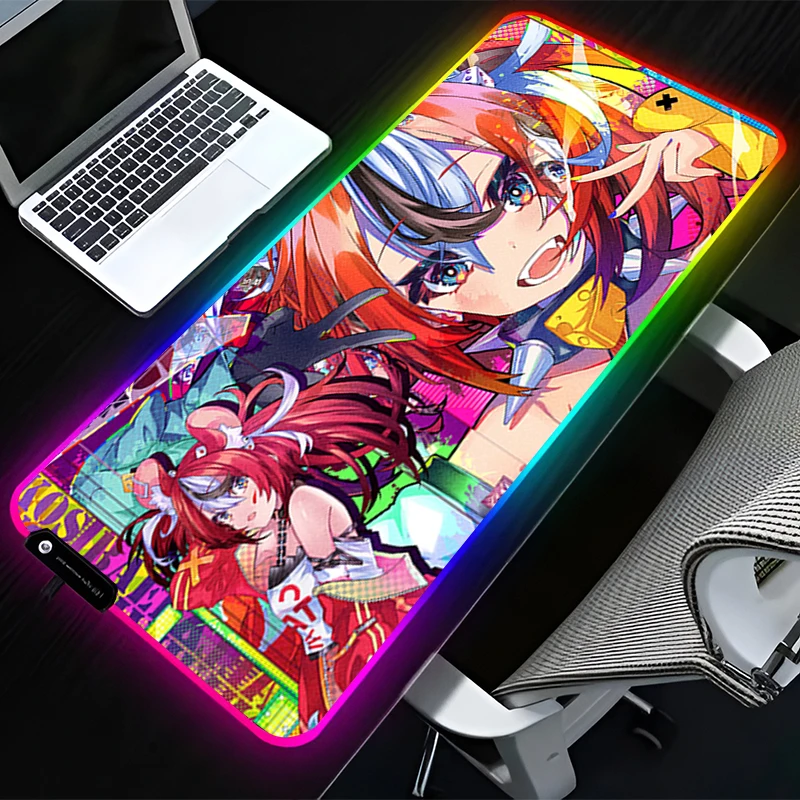 RGB LED Mouse Pad Computer Gamer Accessories Mouse Mat Rubber HD Keyboard Pad Non Slip H-hololive Hakos Baelz Mousepad Desk Mat