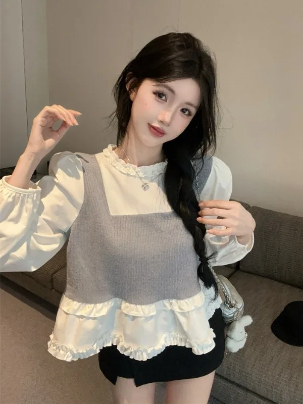 

Contrast Color Block Loose Shirt Fake Two-Piece Doll Shirt Inner Wear Wooden Ear Casual Style Women's Top