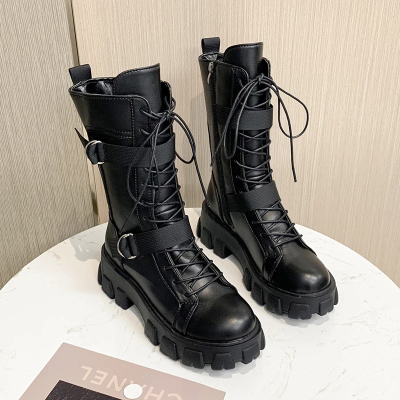 Ladies Shoes on Sale 2023 New Cross-tied Belt Buckle Fashion Belt Buckle Modern Boots Women Hot Sale Side Zipp Mid-Calf Zapatos