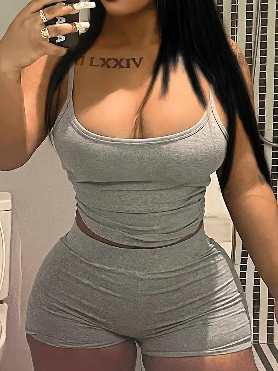 LW BASICS Casual Women Tracksuit Cami Skinny Stretchy Shorts Set Sport Skinny Summer Tops +Mini Biker Shorts Suit Two Piece Set