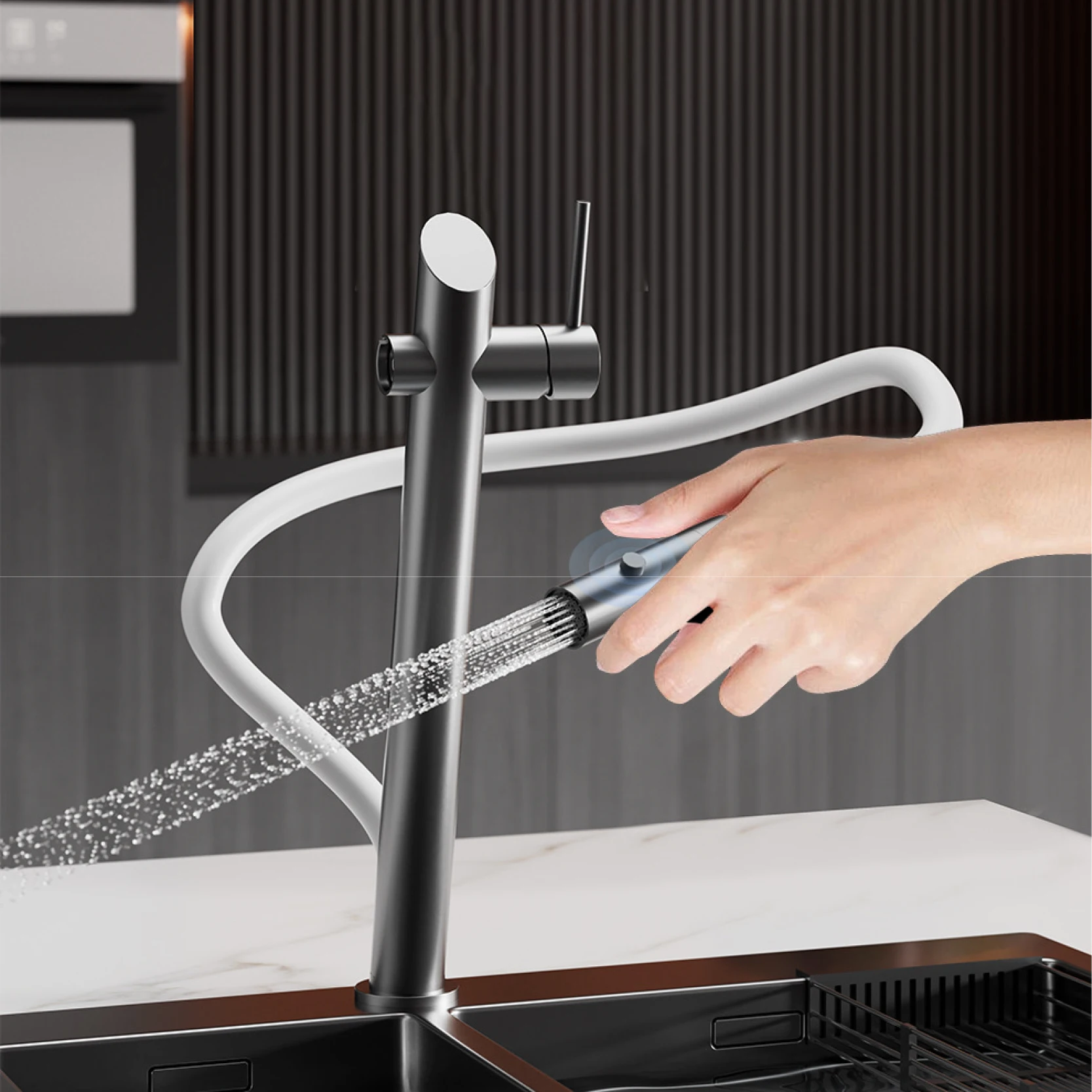 

luxury brass black kitchen faucet with pull-out design, dual control magnetic suction for cold & hot 2-function sink Tap