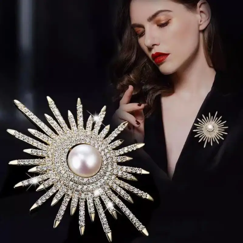 Gold Tone Sunburst Brooch Shiny Rhinestones Faux Pearl Center 1Pcs Cute Lapel Pin for Girls School Uniform Bag Decoration Gift