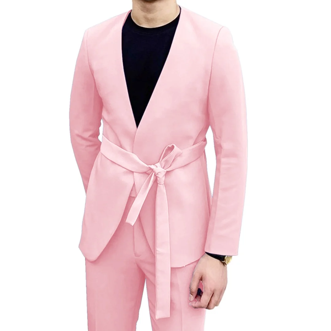 Summer Elegant Men's Suit 2 Pieces High Quality Black Belt Closure Jacket Casual Travel Home Suit Coat (Blazer+Pants)
