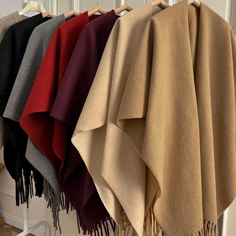 

Однотонный утолщенный шарф для женщин и девушек, теплый пончо-шарф для путешествий, с кисточками, разрезной, для зимы и осени, мягкий, сохраняющий тепло