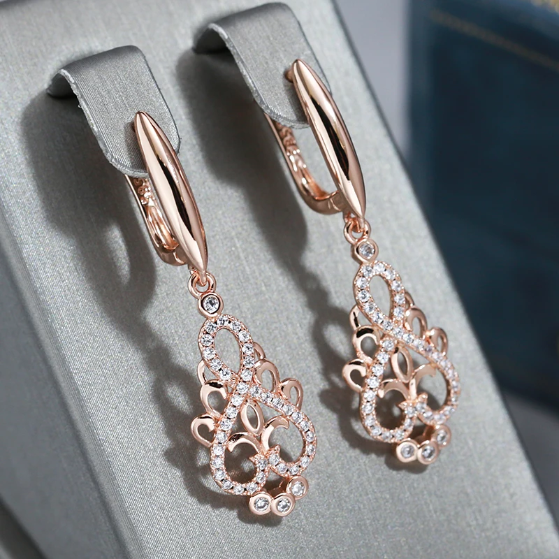 Wbmqda Vintage Long Drop Earrings For Women 585 Rose Gold Color With Natural Zircon Ethnic Wedding Party Luxury Jewelry