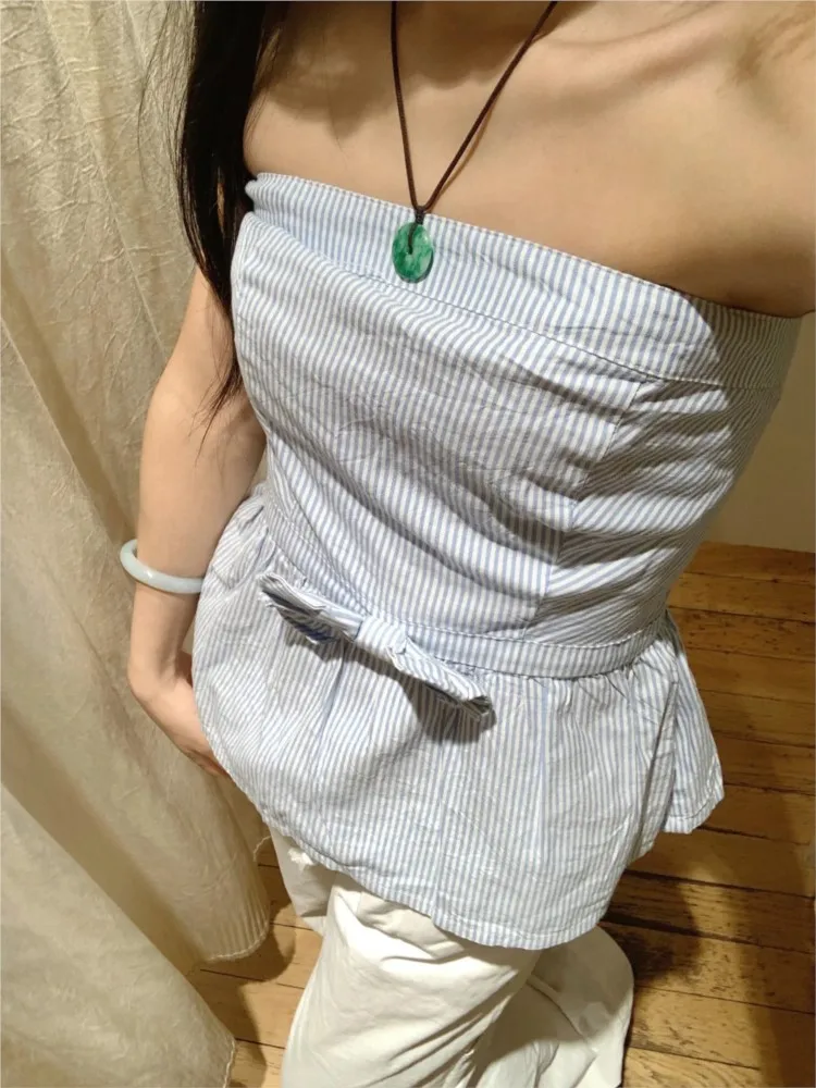 

Sweet Blue Striped Bow Tube Top Women New Back Elastic Strapless Cotton Sleeveless Vest Cute Preppy Style Casual Crop Tank Tops