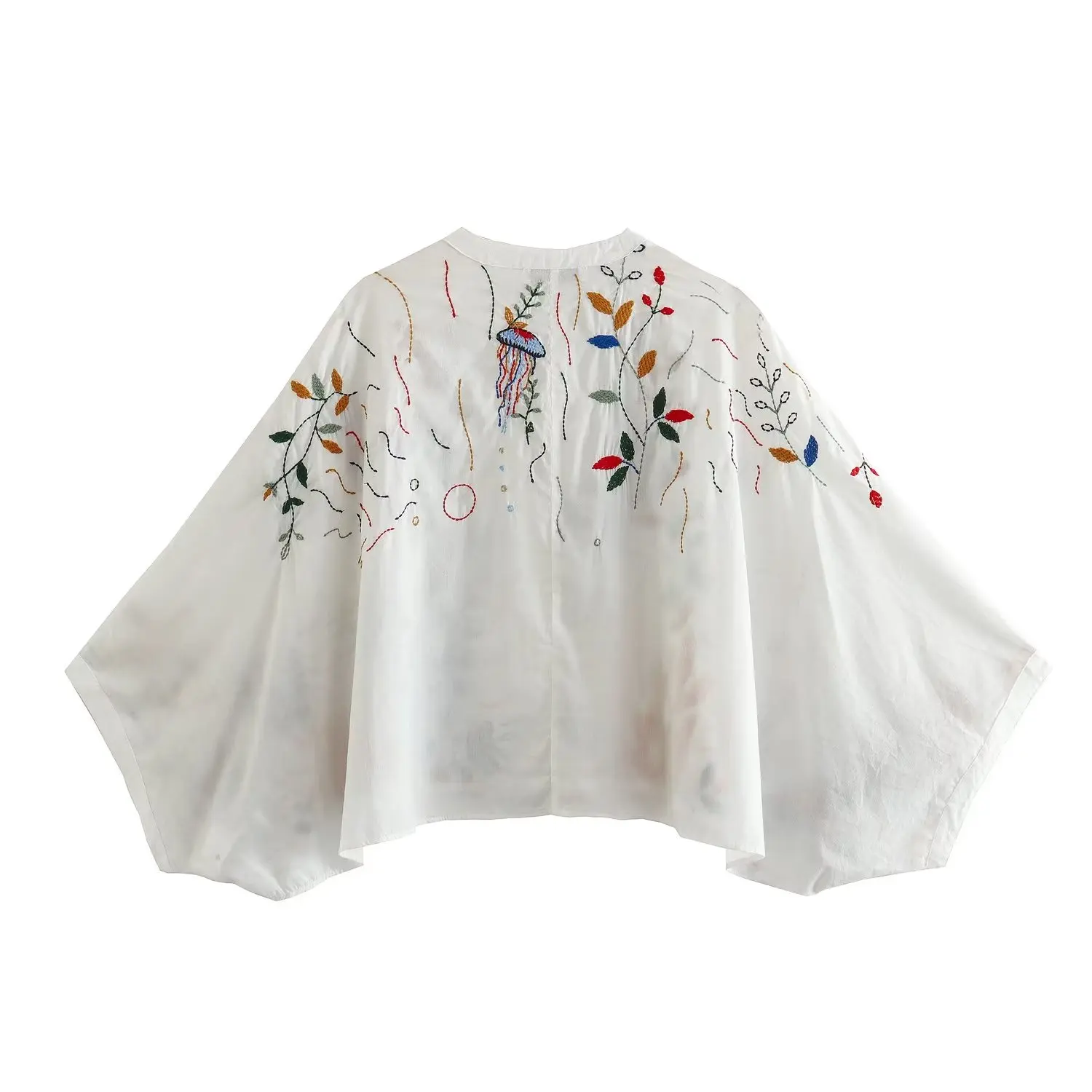 Withered Moroccan Bohemia Retro Cotton Top Women Blouse Bat Sleeve Loose Kimono Embroidered Shirt