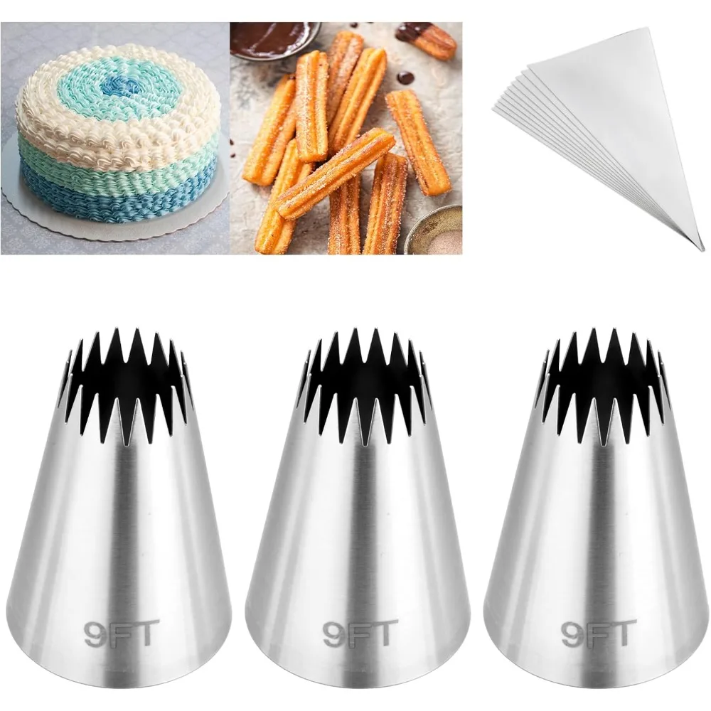3Pcs Piping Bags and Tips Set,Stainless Steel 9FT Icing Tips Set with 10Pcs Disposable Piping Bags,Open Star Pastry Tips