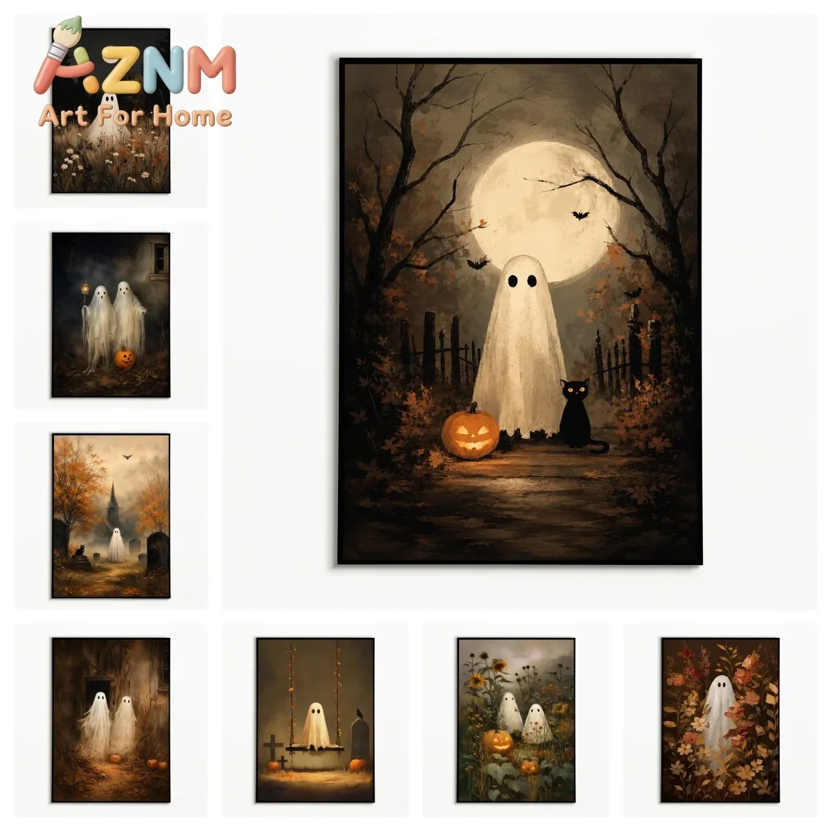 1PC Retro Forest Ghost Pumpkin Black Cat Poster  Halloween Autumn Full Moon Wall Art Canvas Printing  Festival Gifts Fall Decor