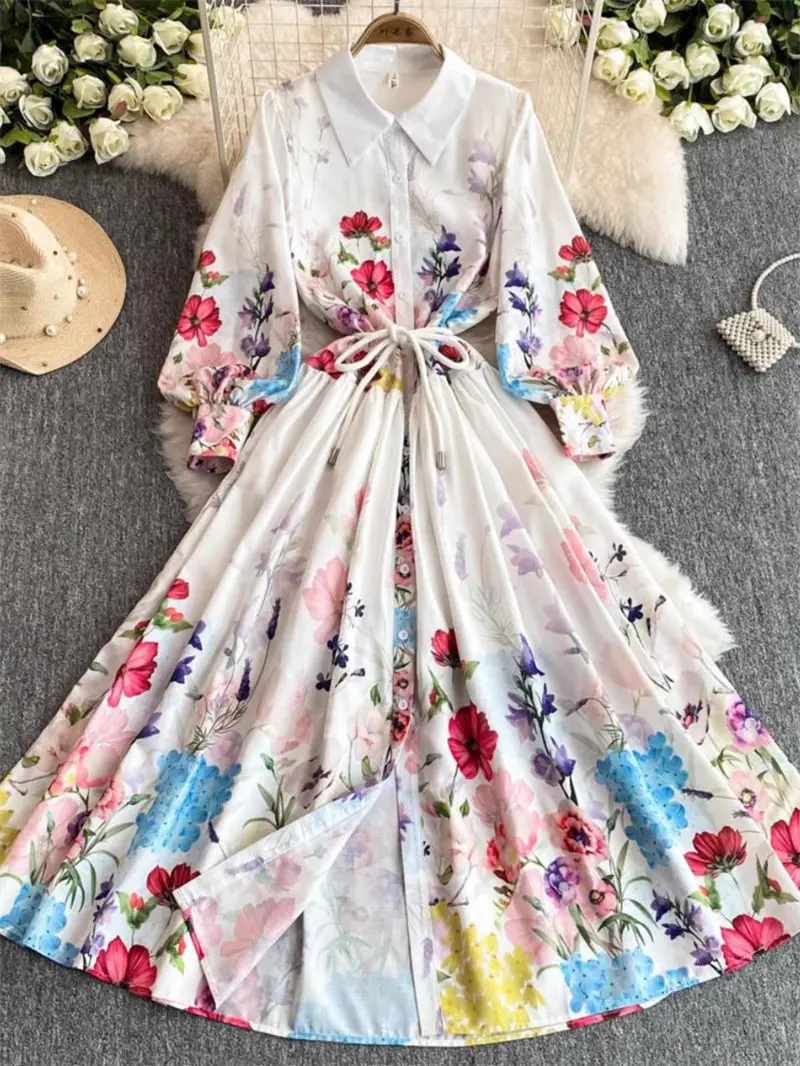 Autumn And Winter French Court Style Slimming Lantern Sleeves Chiffon Dress Women's Large Swing A-Line Printed Long Dress a107