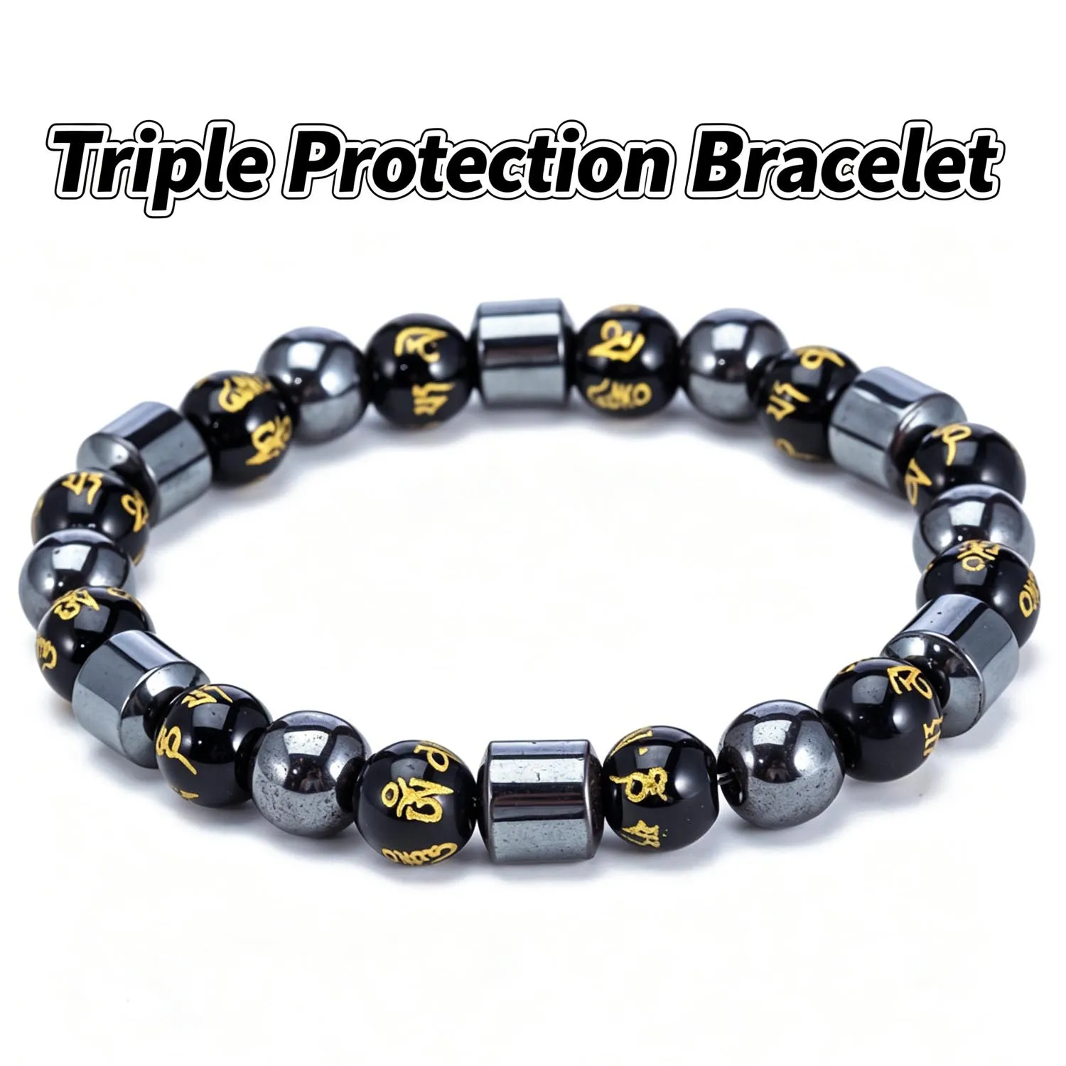 Natural Stone Black Agate Hematite Obsidian Beads Bracelet Men Elastic Rope Beaded Bracelets Triple Protection Jewelry