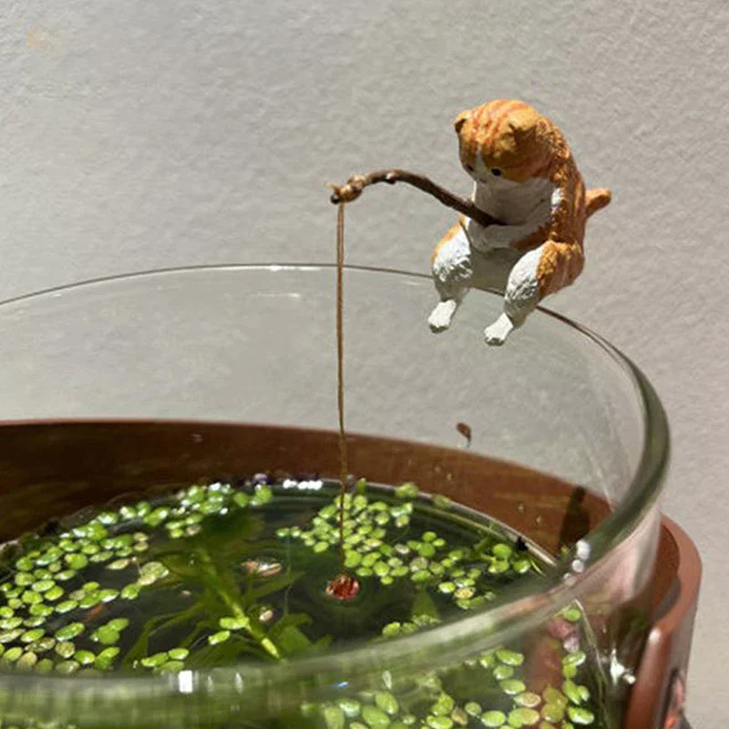 Fish Tank Fishing Cat Hanging Creative Landscape Office Ornaments Fishing Fun Mini Decorative Micro-Landscape