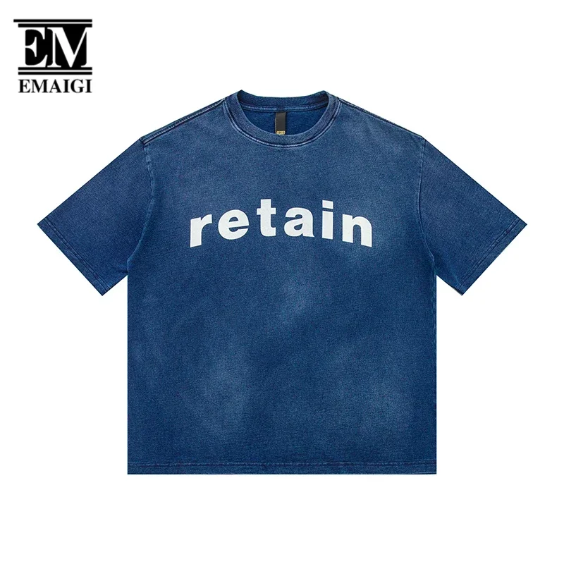 320g Washed Cotton Blue Print Tshirt Men Streetwear Hip Hop Loose Casual Short Sleeve T-shirt Women Oversized T Shirts