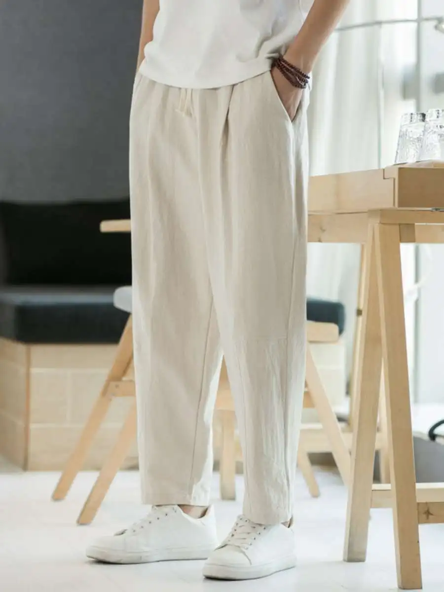 

Loose Straight Leg Cotton Linen Wide Leg Pants Summer Thin Casual Sports Trousers High Waist Long Pants for Men Spring Season