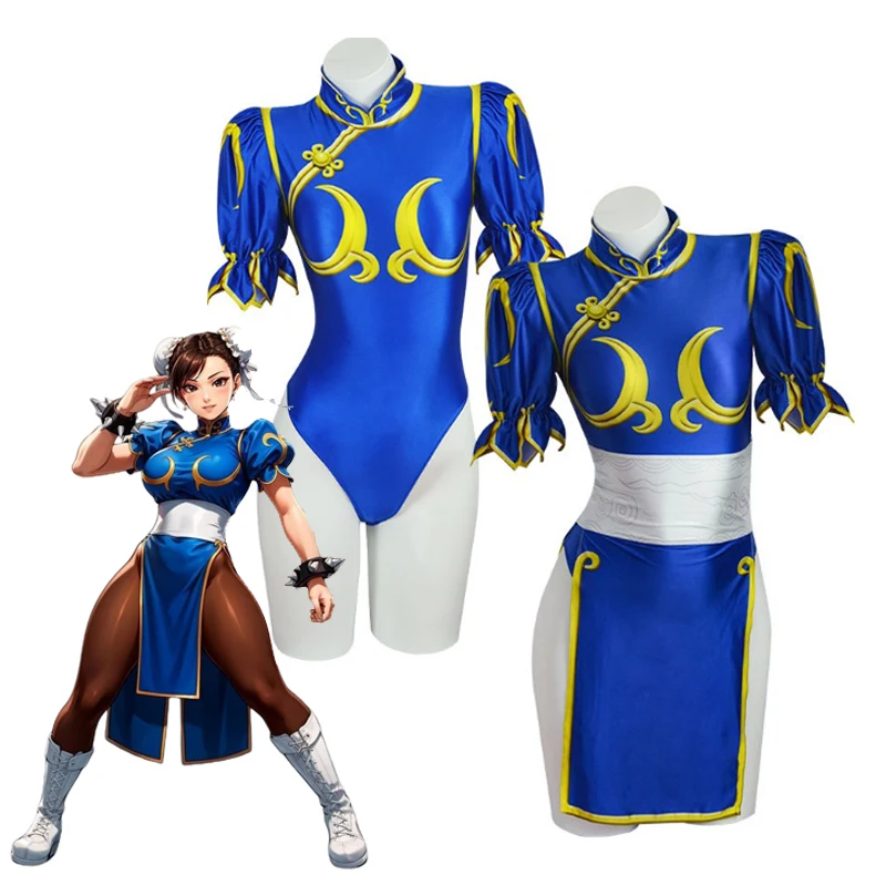 Disfraz de Cosplay Street Fighter Chun Li para Mujer Juego de Lucha Cheongsam Azul con Tocada y Cinturón Halloween 3