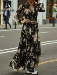 AELESEEN Bohemian Long Chiffon Dress Spring Summer Lantern Sleeve Flower Print Temperament Single-breasted Elegant Party Female