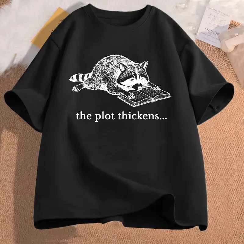 Mens Casual T Shirt Vintage Raccoon Read Book The Plot Thickens Graphic Tees Crew Neck Loose Summer Funny Reader Animal Tops