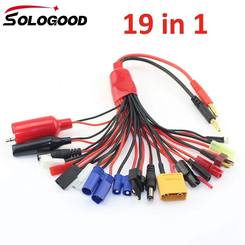 SoloGood 19 in1 RC Lipo Battery Charger Adapter Convert Cable 4mm Banana Plug to Traxxa JST FUTABAS/T-Plug XT90 EC3 EC5