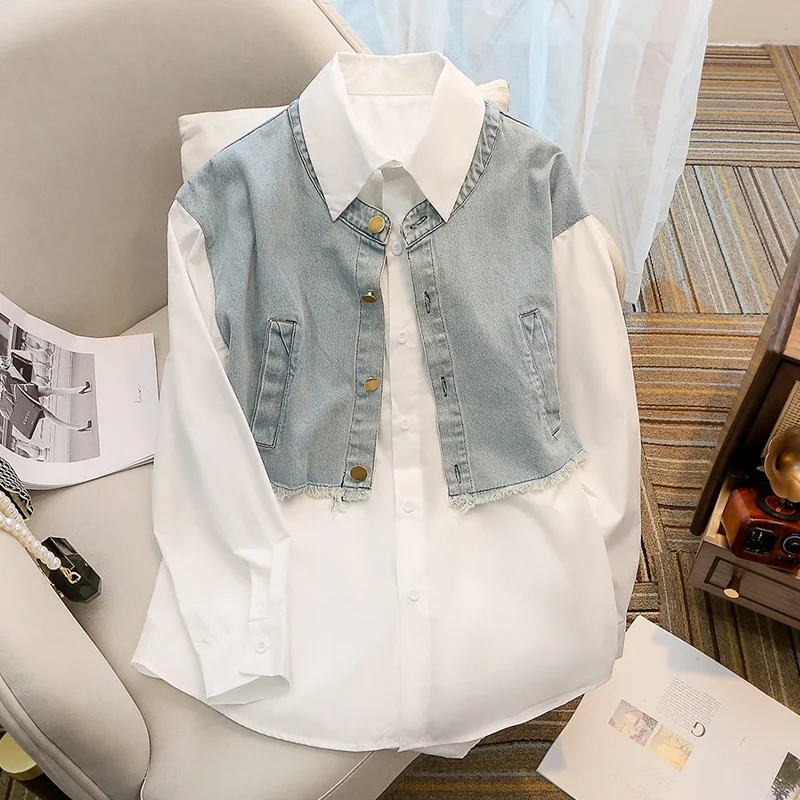 

SuperAen Fake Two-piece Shirt Women 2023 Spring and Autumn New Office Lady Korean Design Loose Stitching Denim Shirts