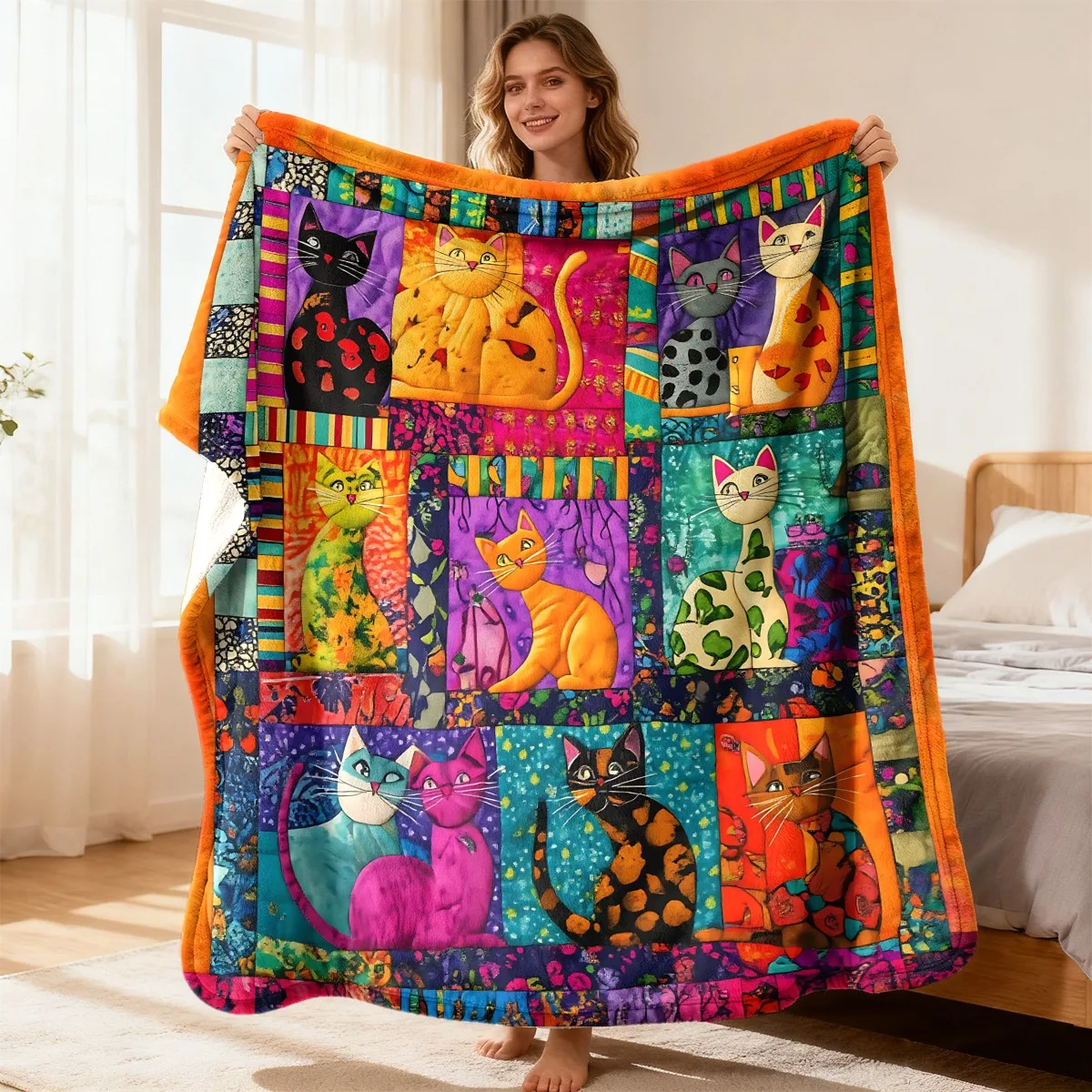 Vibrant Patchwork Playful Cats Throw Blanket, Soft Cozy Machine Washable All‑Season Blanket for Sofa
