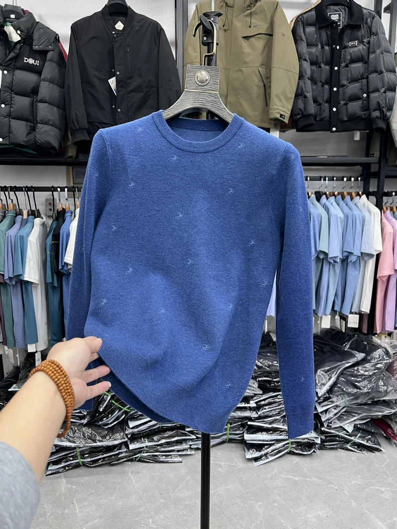 

Мужской круглый вязаный свитер, простая базовая одежда с цветочным узором, осенний сезон, стандартный крой, длинный рукав, термотоп