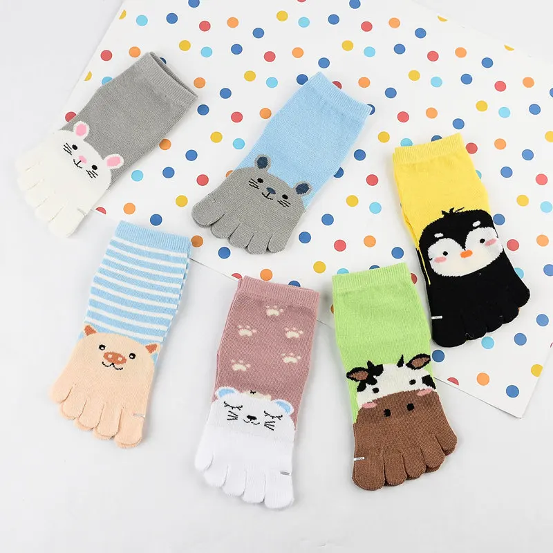 5 Pairs Cute Children\'s Five Finger Socks Pure Cotton Breathable Funny Animals Cartoon Socks with Toes 3-7-10Y Baby Boys Girls