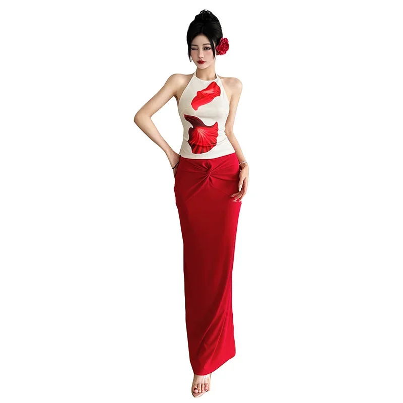 Fashion 2025 Spring and Summer Women's Clothing Seaside Halter Neck Vest Sexy Hip Skirt Set