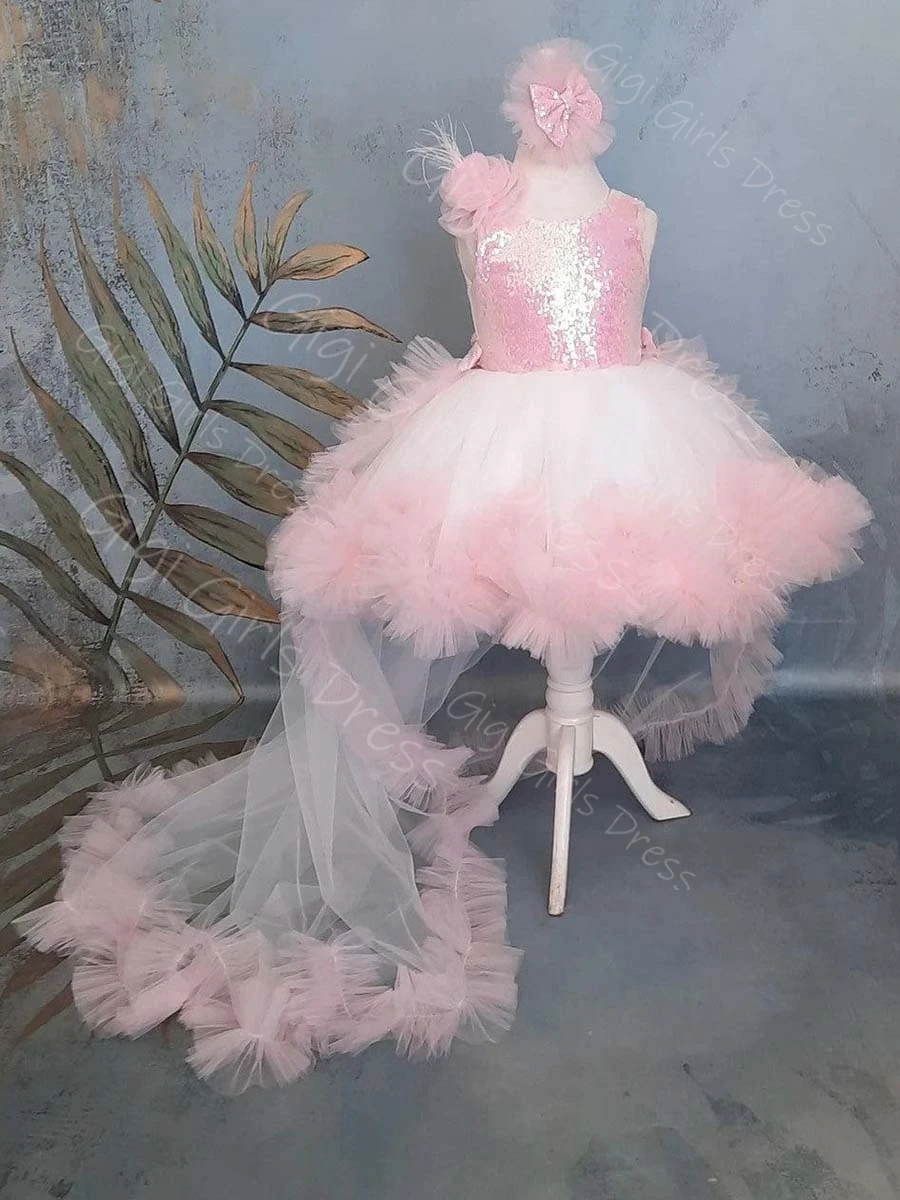 فستان فتاة الزهور الوردي لحفلات الزفاف للأطفال الصغار ترتر على شكل حرف V مع فيونكة خلفية وكشكشة من التول فستان عيد ميلاد الأميرة مع ذيل قابل للانفصال مخصص #5