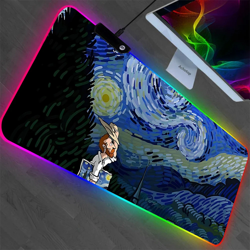 Alfombrilla de ratón con ilustraciones de Van Gogh RGB para Pc, alfombrilla de ratón con LED brillante, alfombrillas de goma para juegos de ordenador