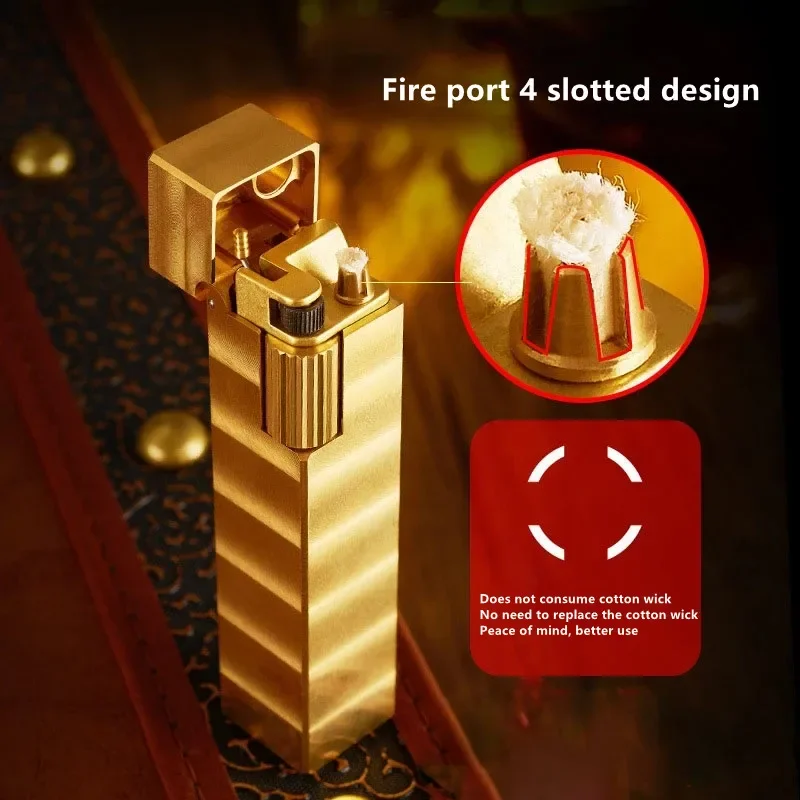 New Retro Small Square Side Pulley Lighter Handmade Pure Copper Kerosene Lighter Men\'s Gift Cigarette Lighter