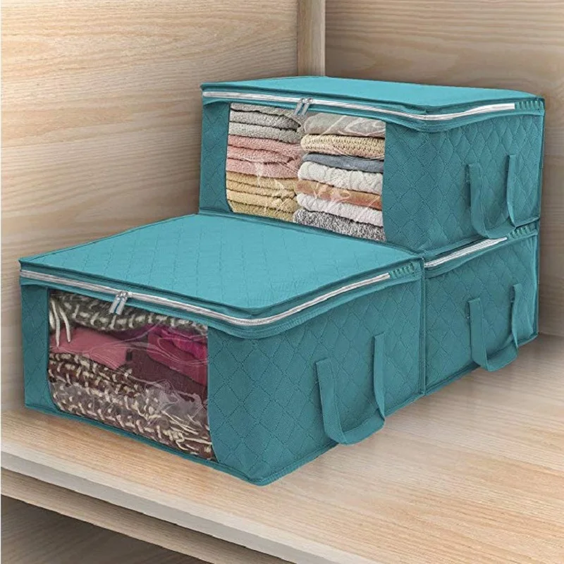 Clothing storage box organizer clothes Storage Bag Clear Window Zipper Non Woven Fabric Clothes Organizer Basket With Handles