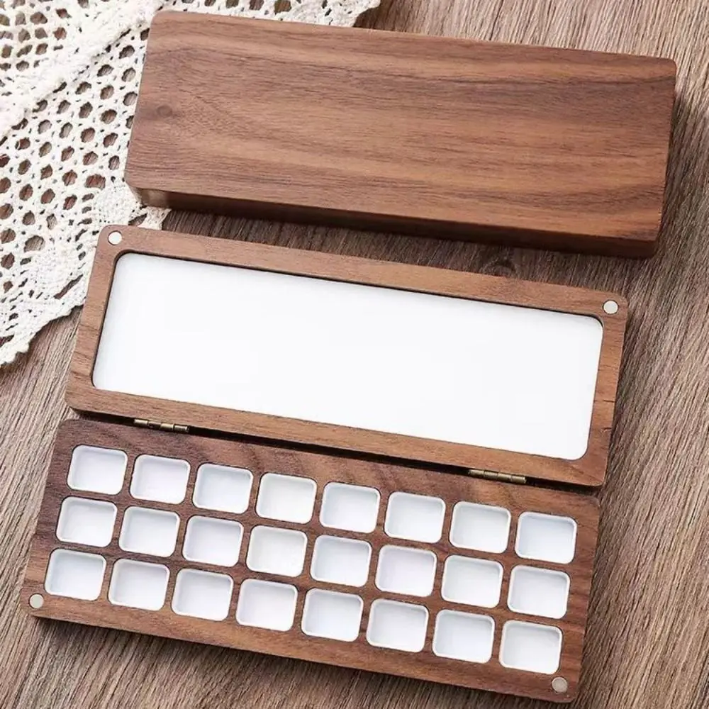 

Ins Empty Portable Watercolor Palette with Cover 24 Grids Color Mixing Box Rectangle Sturdy Wood Paint Tray Sketching