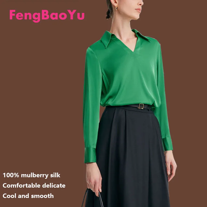 High-end Silk Ladies Long Sleeve Top Spring Summer Temperament Mulberry Silk Shirt Smooth Luster Light Luxury Green Women's Wear