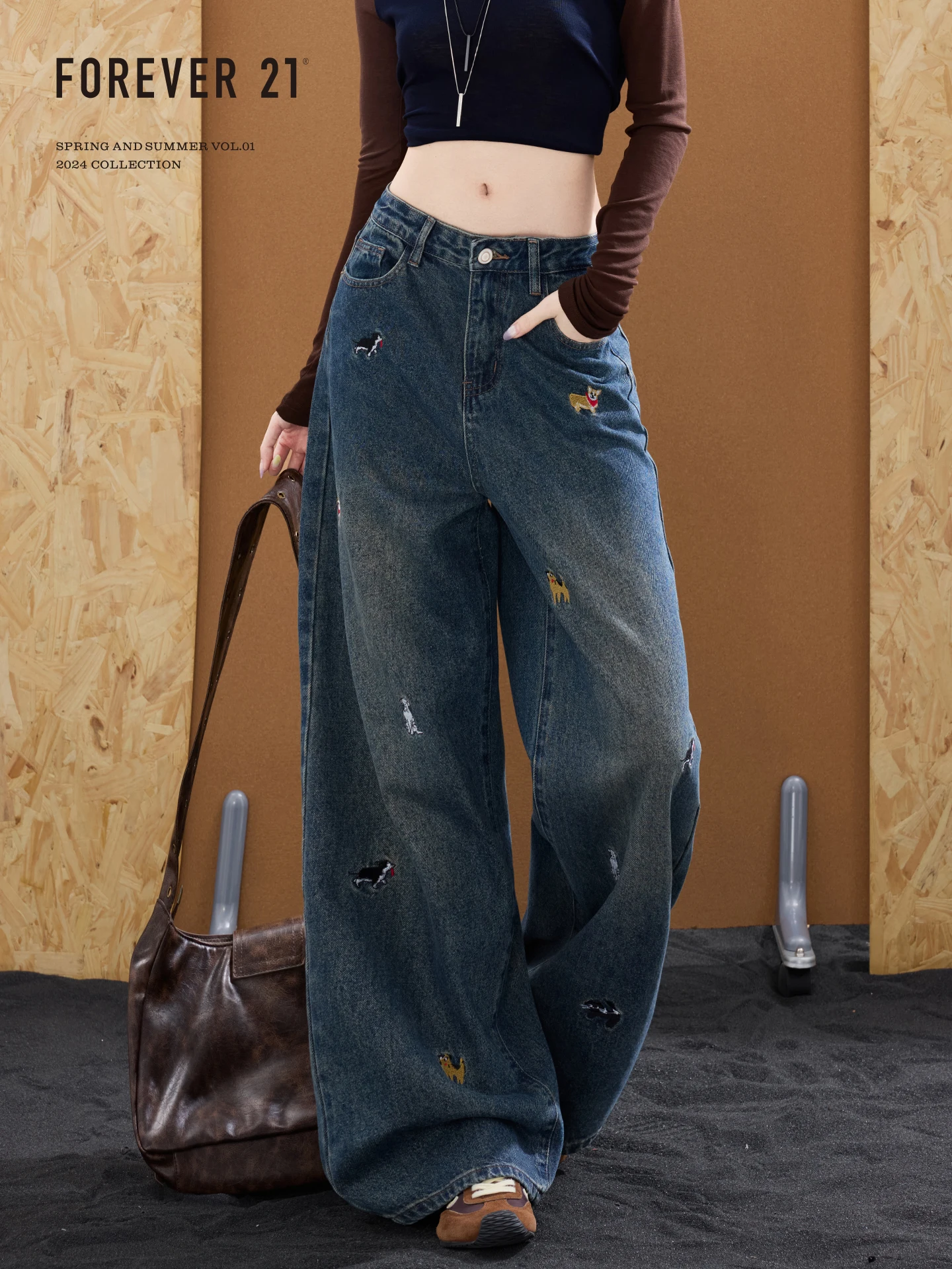 Forever 21 American Style High Waist Loose Fit Wide Leg Denim Jeans Women's Deep Blue Dog Embroidery Drapey Straight Pants