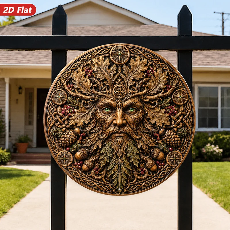 2D Flat, 1pc Celtic Forest Spirit Round Metal Sign Wall Art, Green for Man Face, Celtic Knotwork, Oak Leaf Beard, Acorns Pinecon