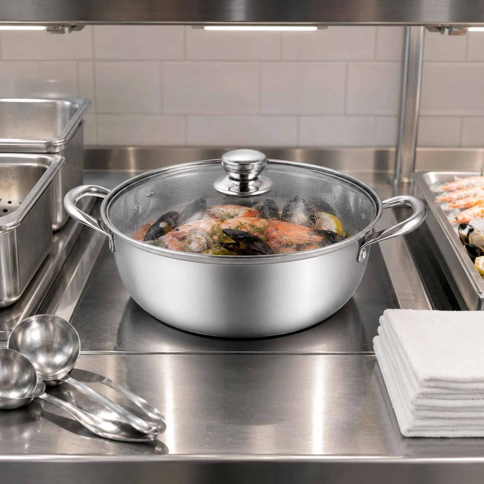 Stainless Steel Steamer Pot Polished Silver Glass Lid Steamer Pot Kitchen Cookware Stay-Cool Handles Induction Compatible - view 6