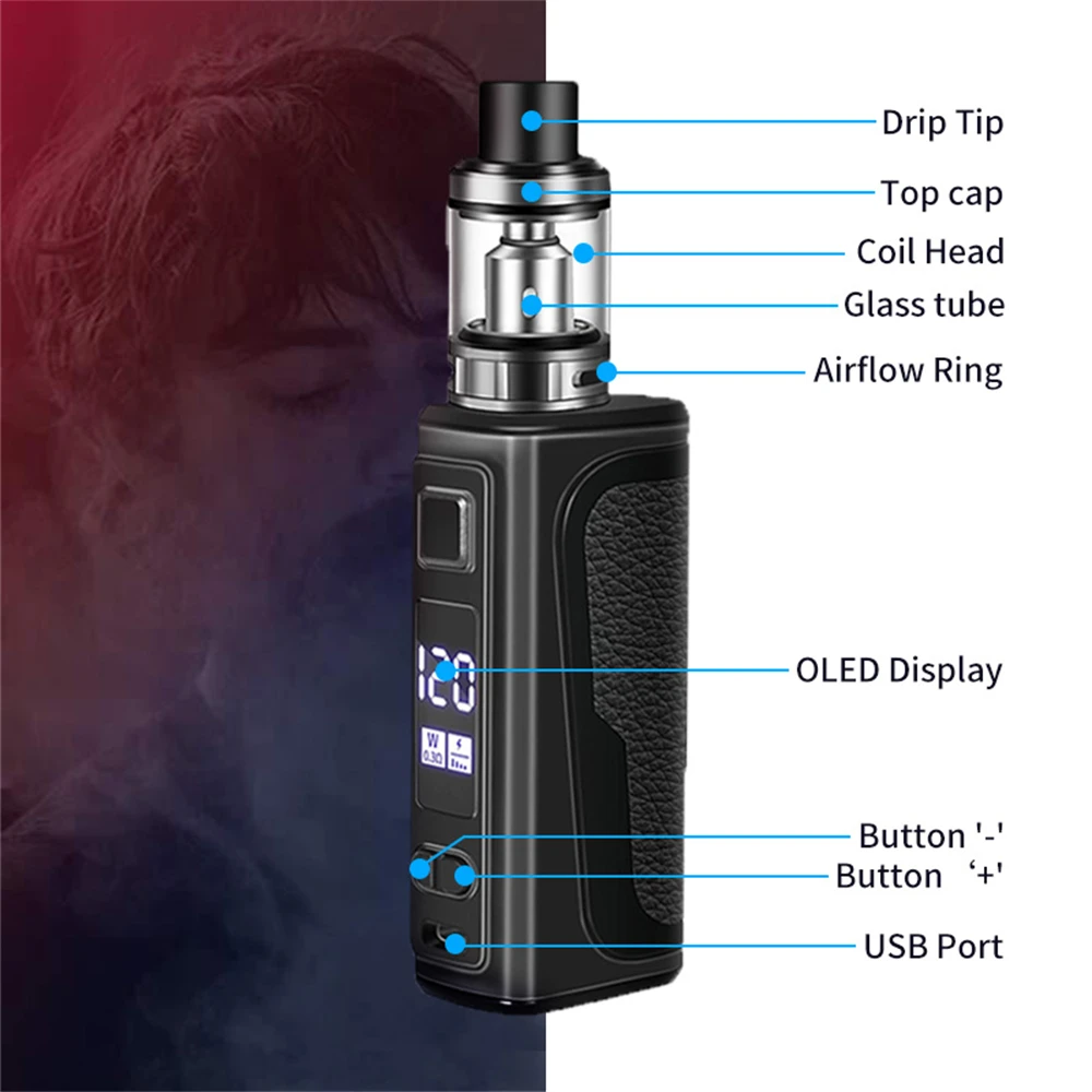 120W Box Mod Vape Kit Electronic Cigarette Vaper 1800mah Build-in Battery 2.0ml Tank OLED Screen Vaporizer E5 Shisha