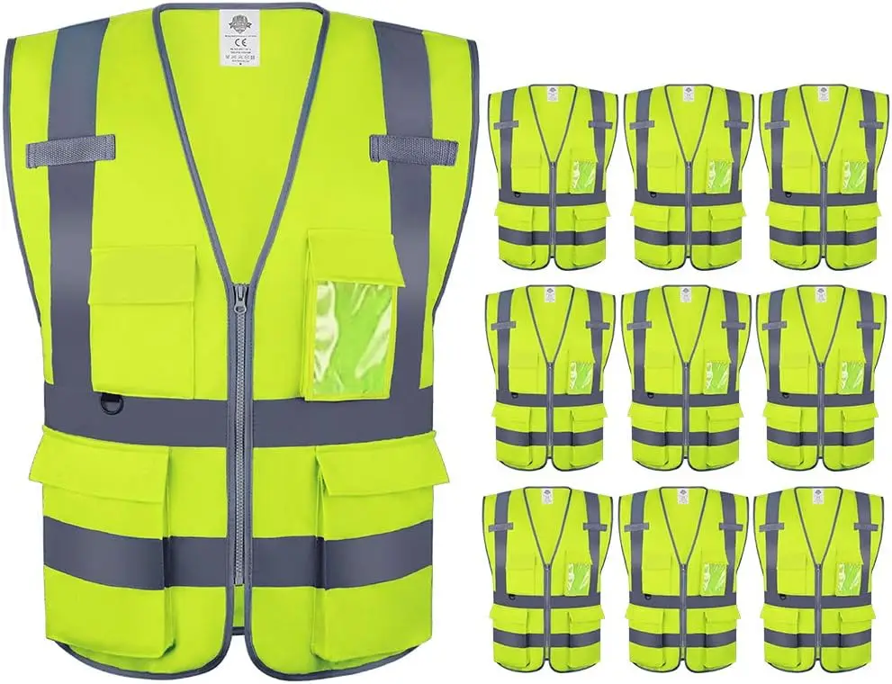

High Visibility Safety Vest with Multi Pockets and Zipper, 10 Pack, Reflective Strips for Work, Construction, Cycling