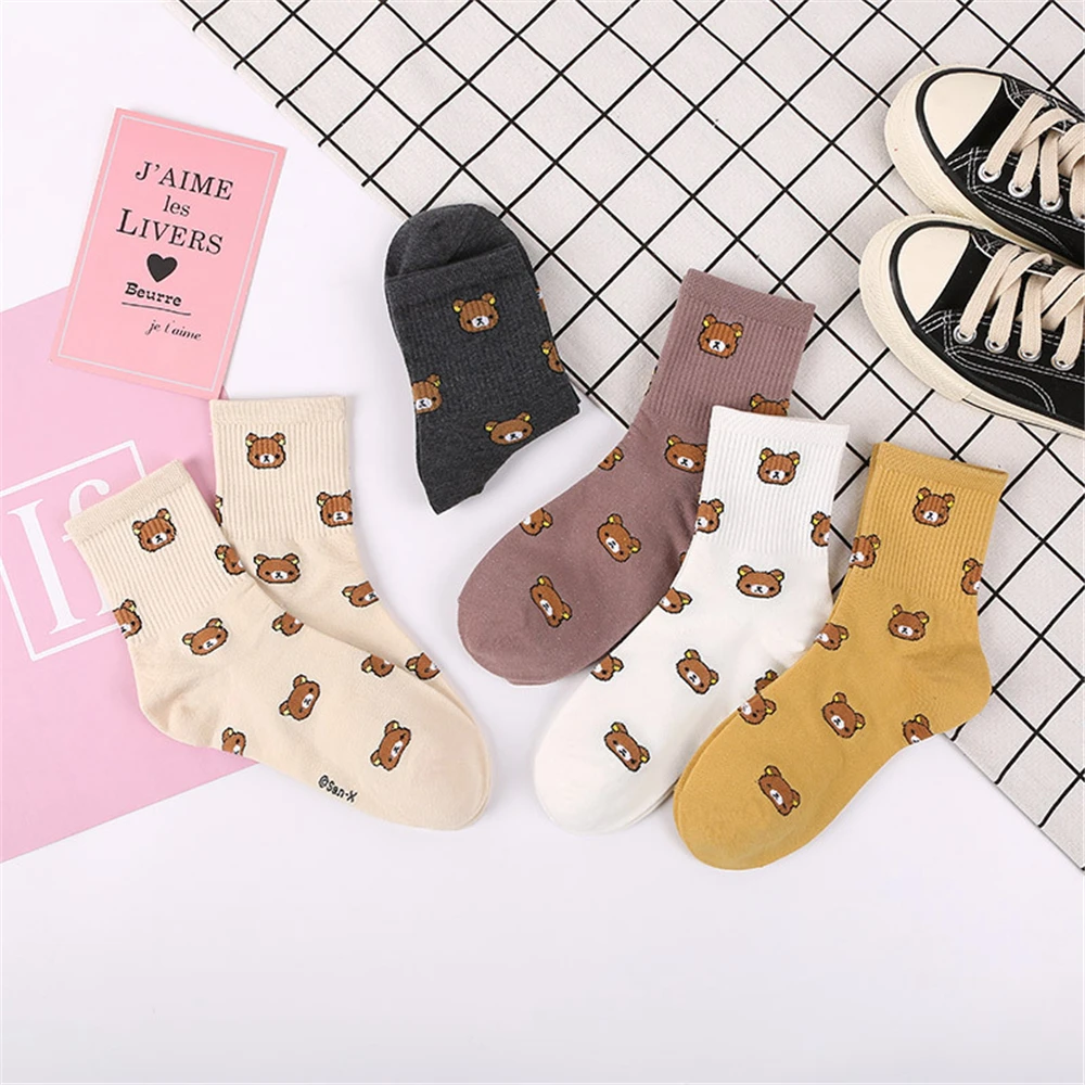 Spring Winter Women's Cotton Tube Sokken Fashionable Bear Socks Cute Cartoon Five Colors Female Harajuku Christmas Gift Dropship