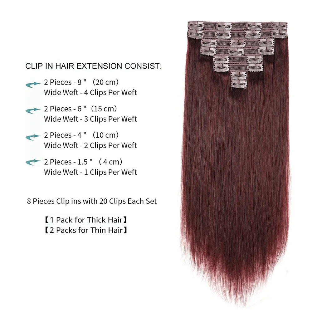 Clip In Haarverlenging Echt Menselijk Haar Naadloze Dubbele Inslagclip In Hair Extensions Wijn Rood 99j # Voor Vrouwen Volledig Hoofd 12-22 Inch