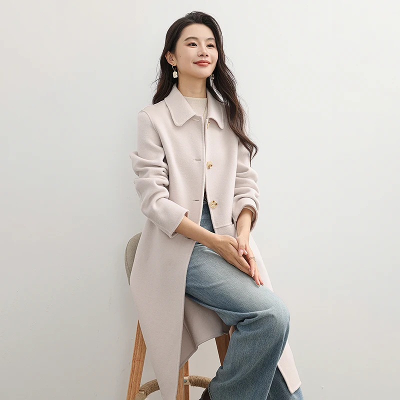 WinvyNee Zimowe Długie Płaszcze Damskie z Wełny z Kieszeniami Jednostronne Szare Wełniane Płaszcze Modne Eleganckie Płaszcze Zapinane na Guziki H1643007