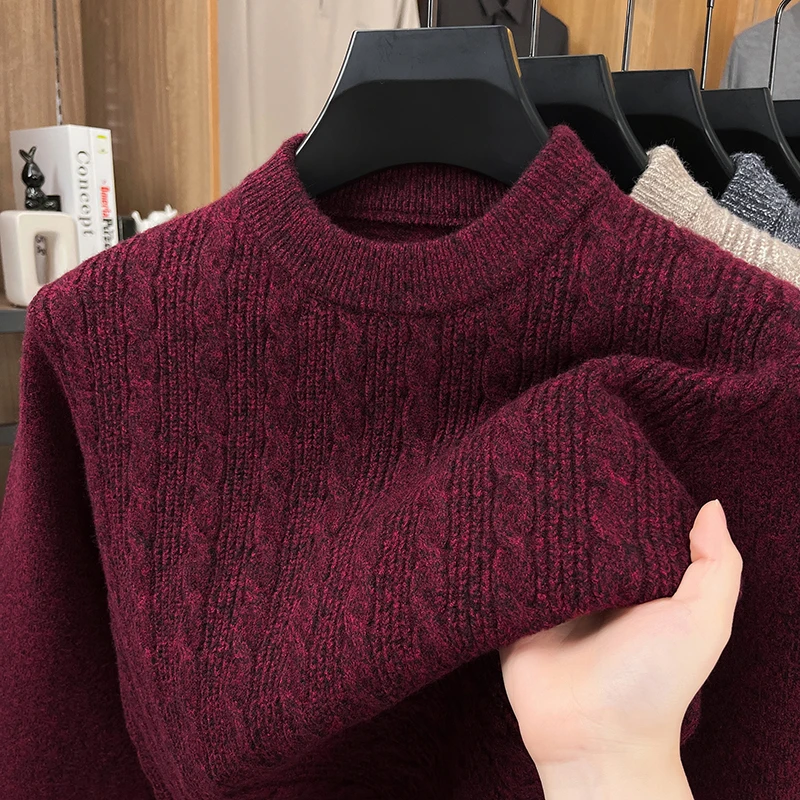 High end thickened warm men's sweater knitted fashion unique jacquard new winter comfort casual versatile round neck pullover