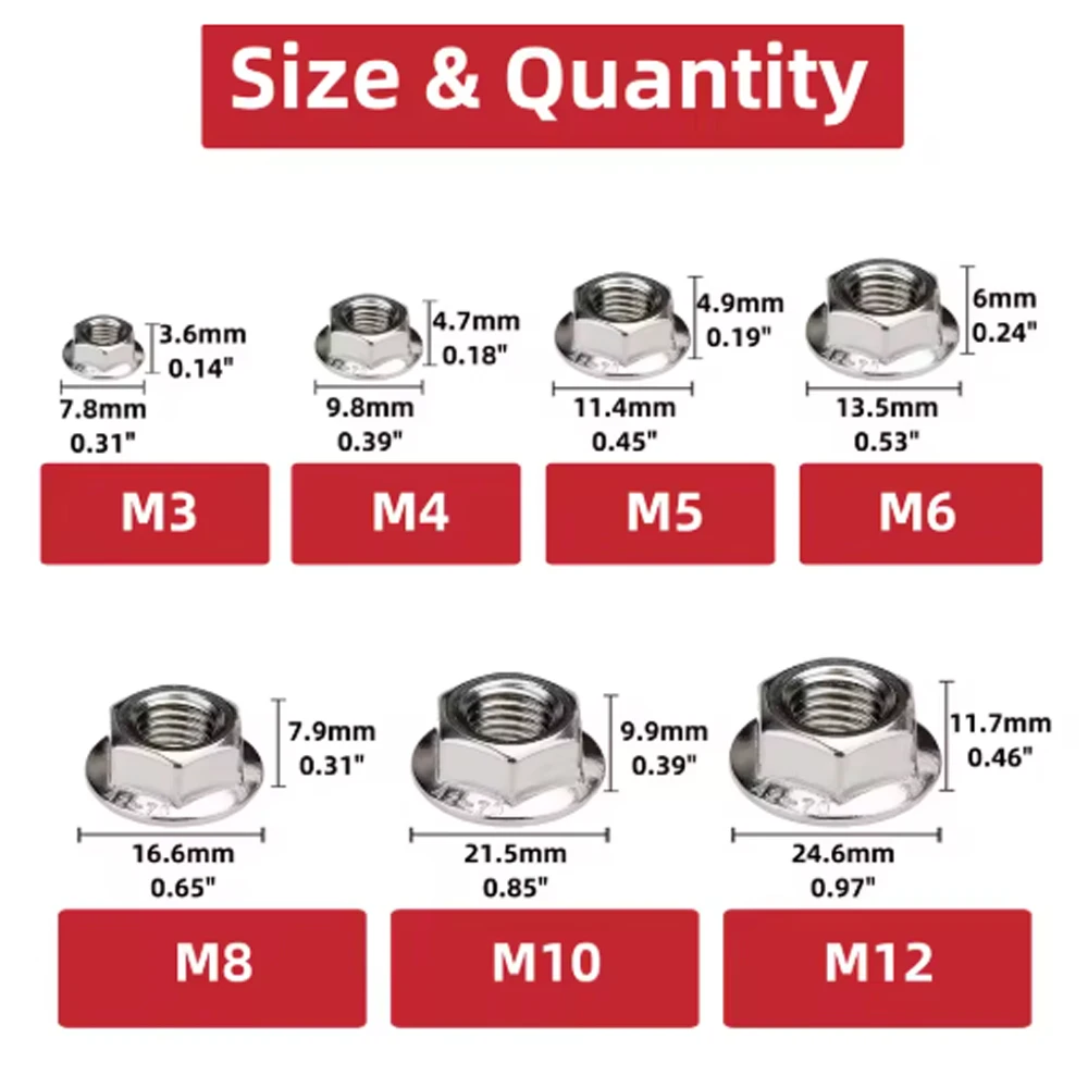 10/25pcs Flange Nuts, M3 M4 M5 M6 M8 M10 M12 Serrated Hex Flange Lock Nuts, 304 Stainless Steel, Plain Finish