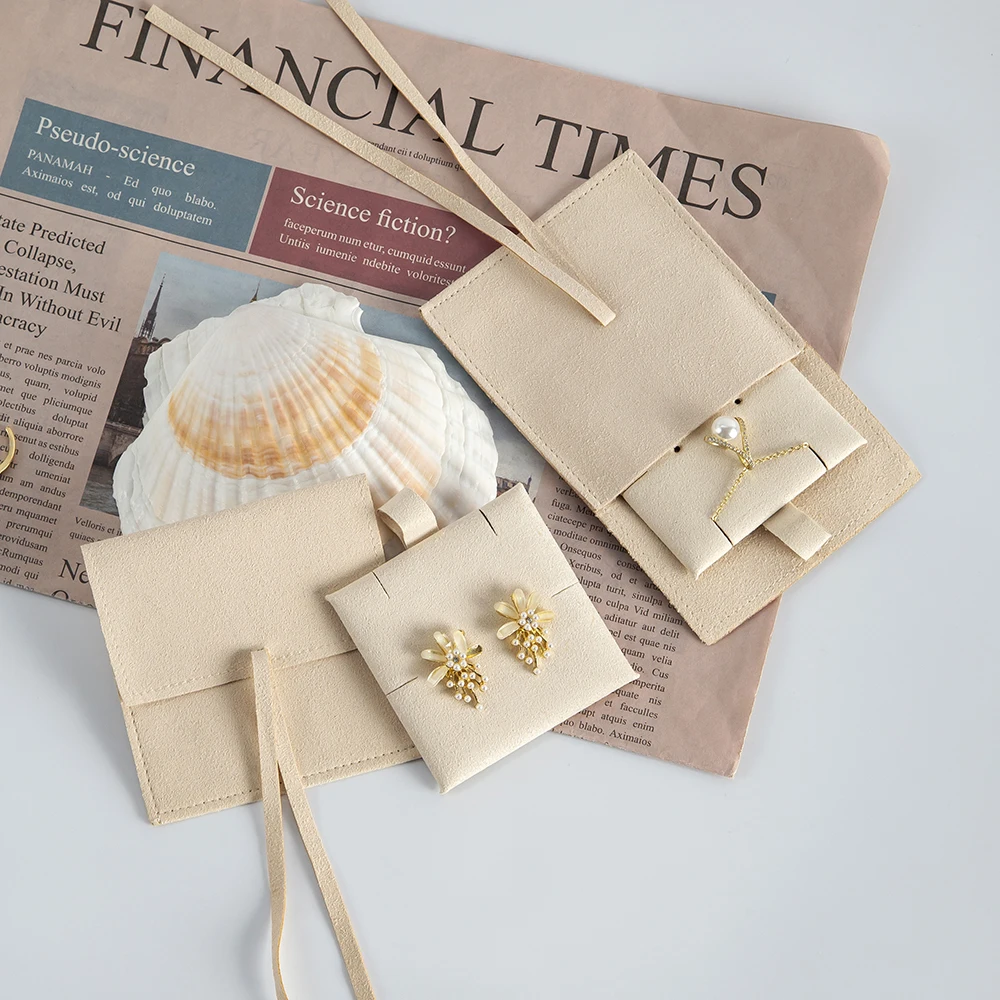 Small Envelope Flap Cream Microfiber Necklace Earring Jewelry Packaging Pouch Bag Wedding Favors Jewelry Organizer Bag with Card