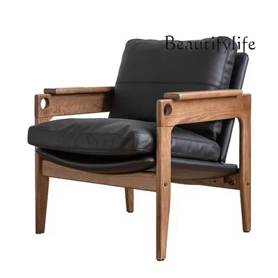 

Nordic solid wood casual single leather sofa designer balcony retro lazy armchair