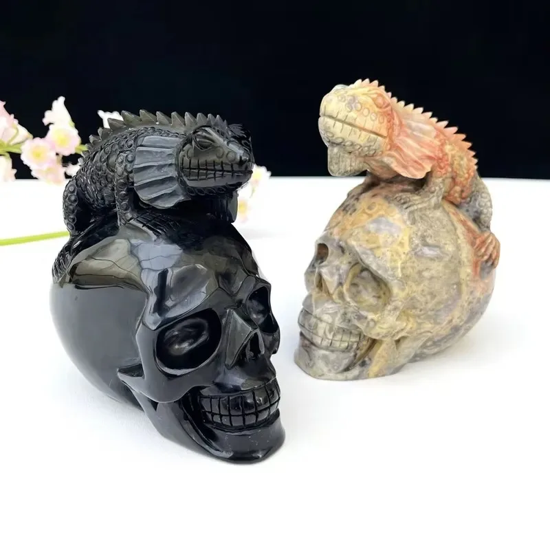 Obsidian skull with carving Crazy agate chameleon Halloween decoration