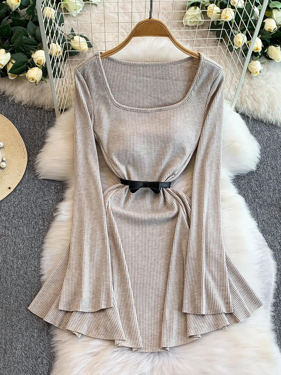 

Sexy Low Cut U-Ne Svel Knitted Dr Women's Autumn Winter Slimming Wrap Waist Dr Bell Sve High Waist Dr