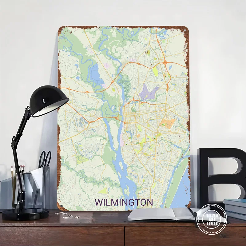 Map of Wilmington North Carolina Printed Poster Customized Retro Wall Art Vintage Metal Tin Signs for Decoration Room House Home