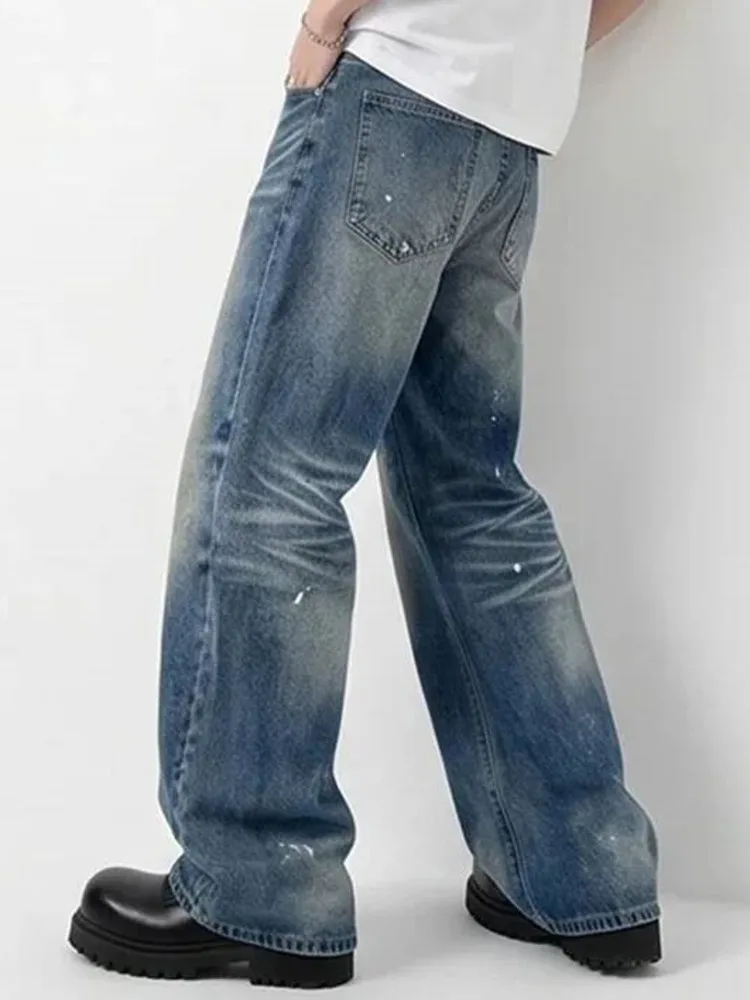 Fashion New Summer Men's Washed Vintage Blue Wide Leg Jeans American Style Paint Splatter Loose Straight Denim Pants 4WEX